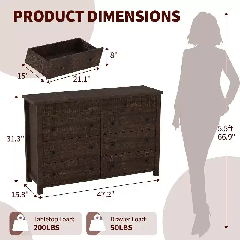COZONY 6-Drawer Dresser with Fluted Design, Modern Wood Storage Cabinet for Bedroom Living Room Entryway Organization