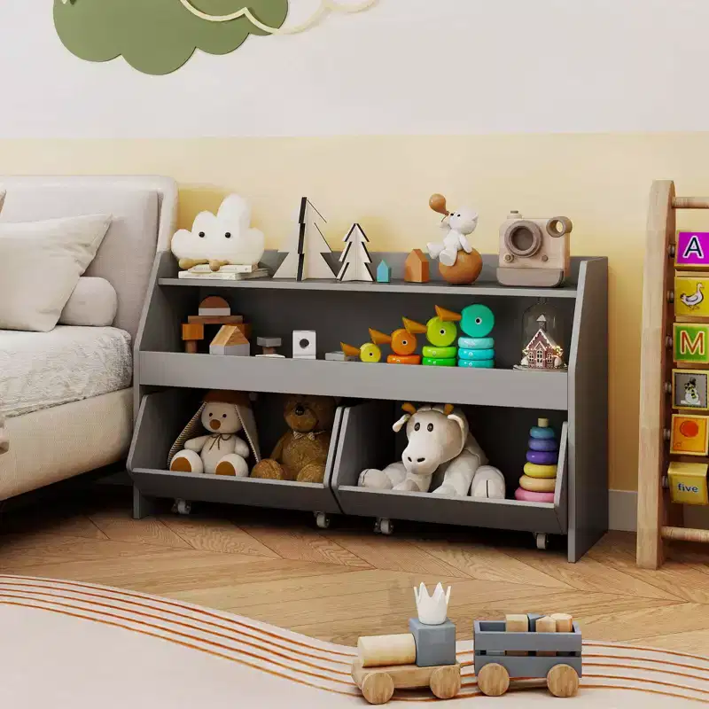 Kids Toy Storage Organizer with 2 Movable Drawers Open Shelf Compartment for Kids Gray/White