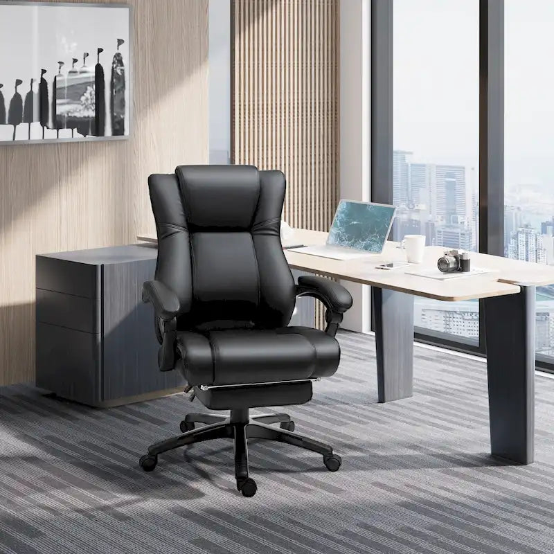 Executive Home Office Chair Padded High Back PU Leather Recliner with Retractable Footrest, Adjustable Height, Black