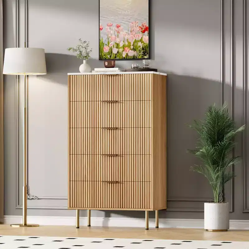 Fluted Wood Dresser with 5 Drawers, Modern White Tall Dresser with Gold Handle for Bedroom, Living Room, Hallway