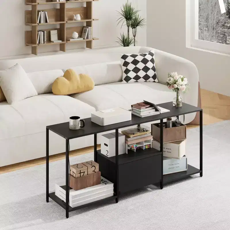 COZONY Metal and Fabric TV Stand, Modern Entertainment Center with Open Shelves & Drawer