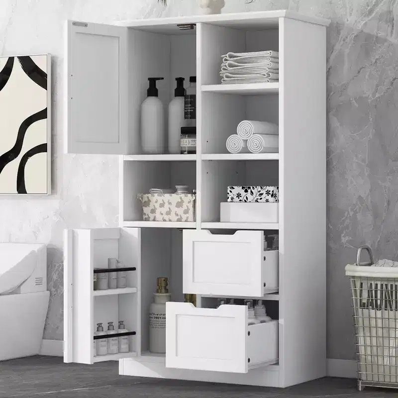 Whisen White Bathroom Storage Cabinet, Freestanding Style Cabinet with Multiple Storage Space and Open Shelf