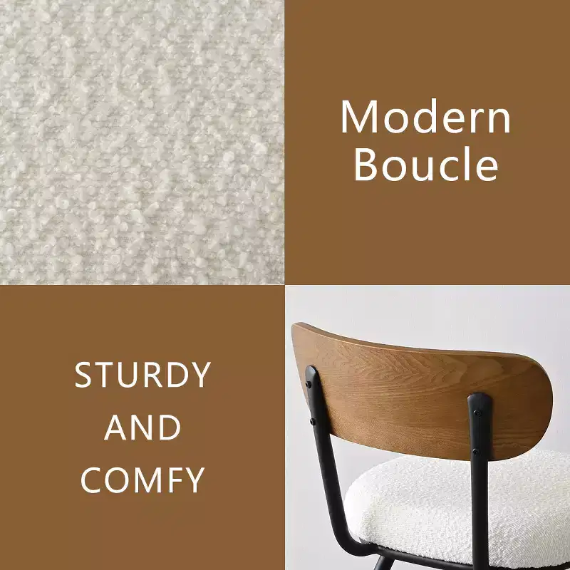 Mid-Century Modern Upholstered Dining Chairs Set of 4, Armless Side Chairs with Black Metal Legs, Boucle Seats and Curved Backrest - Panipeachy