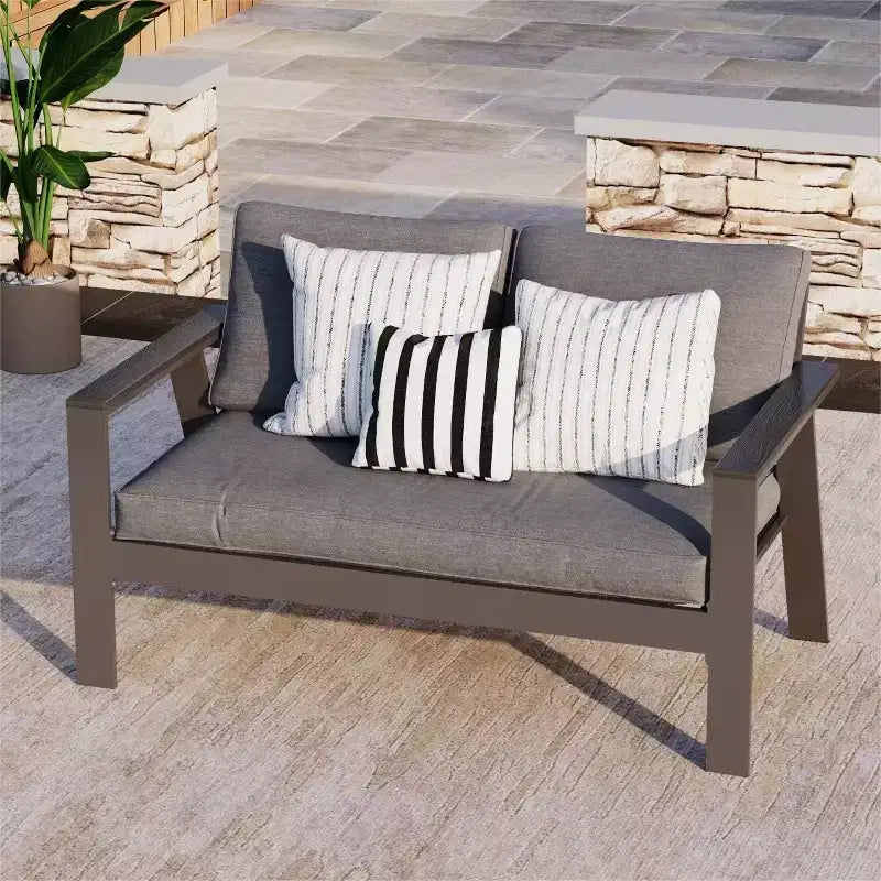 Heynemo 2-Seat Aluminum Outdoor Patio Loveseat Furniture Set With Faux Wooden, Aluminum Sofa Chair Conversation Furniture With Cushions