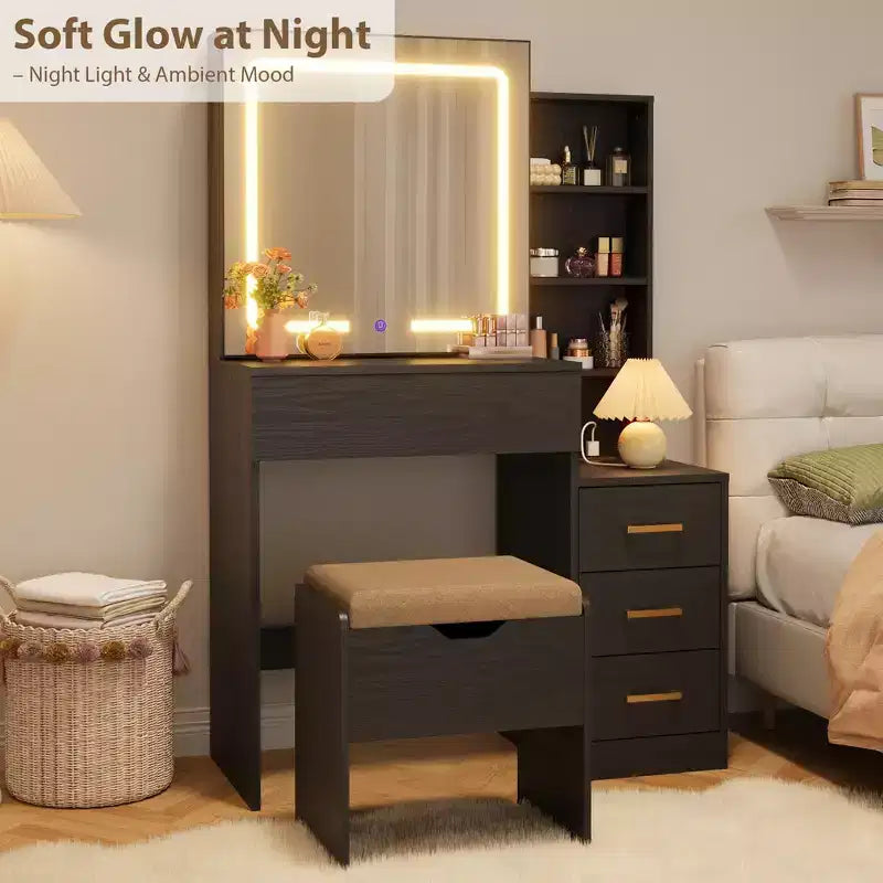 Vanity Desk with Sliding Mirror and Lights, Dressing Table with Stool and Charging Station, 3 Lighting Modes for Bedroom