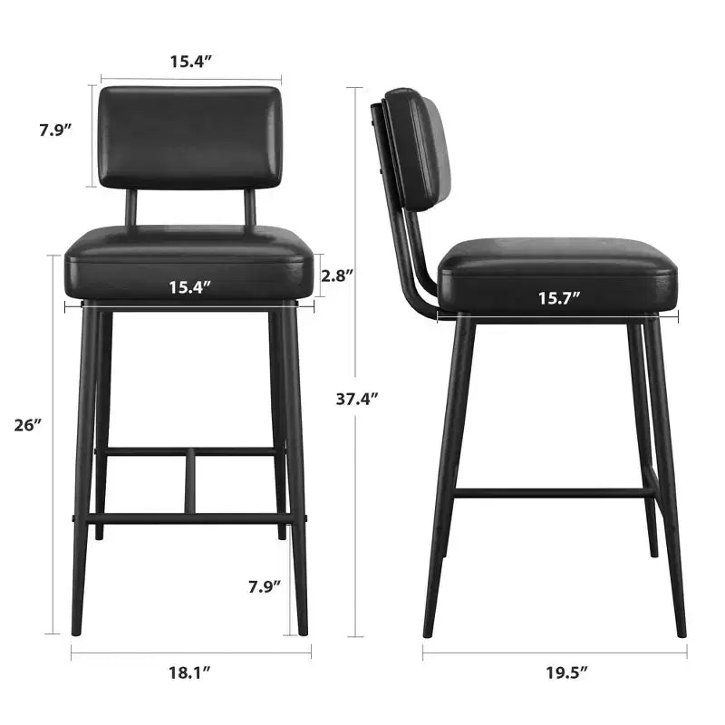Bar Stools Set of 2, 26 Counter Height Bar Stools with Backs, Modern Faux Leather Upholstered Bar Stools with Metal Legs for Kitchen Island, Home Bar