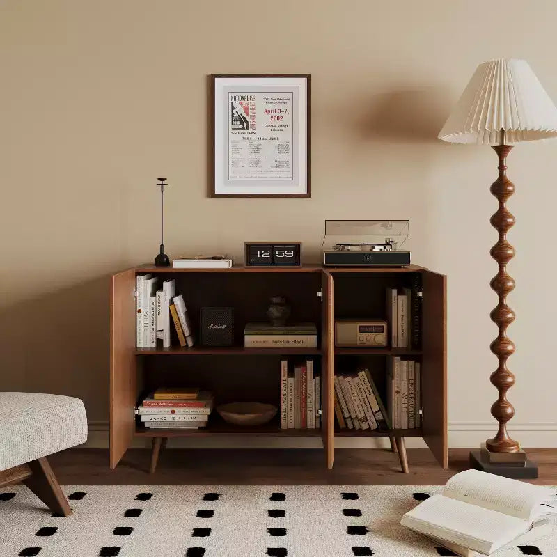 GDFStudio Hobson Modern 47 Rattan and Solid Wood Decorative Storage Cabinet with Doors and Shelves
