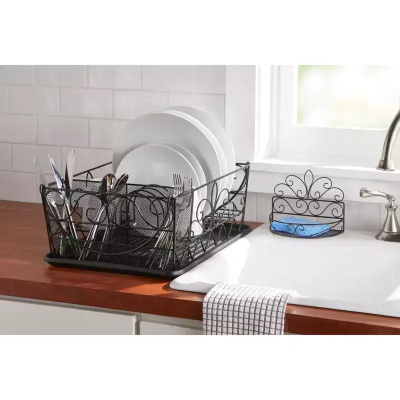 BrylaneHome Scroll Dish Rack With Sponge Holder