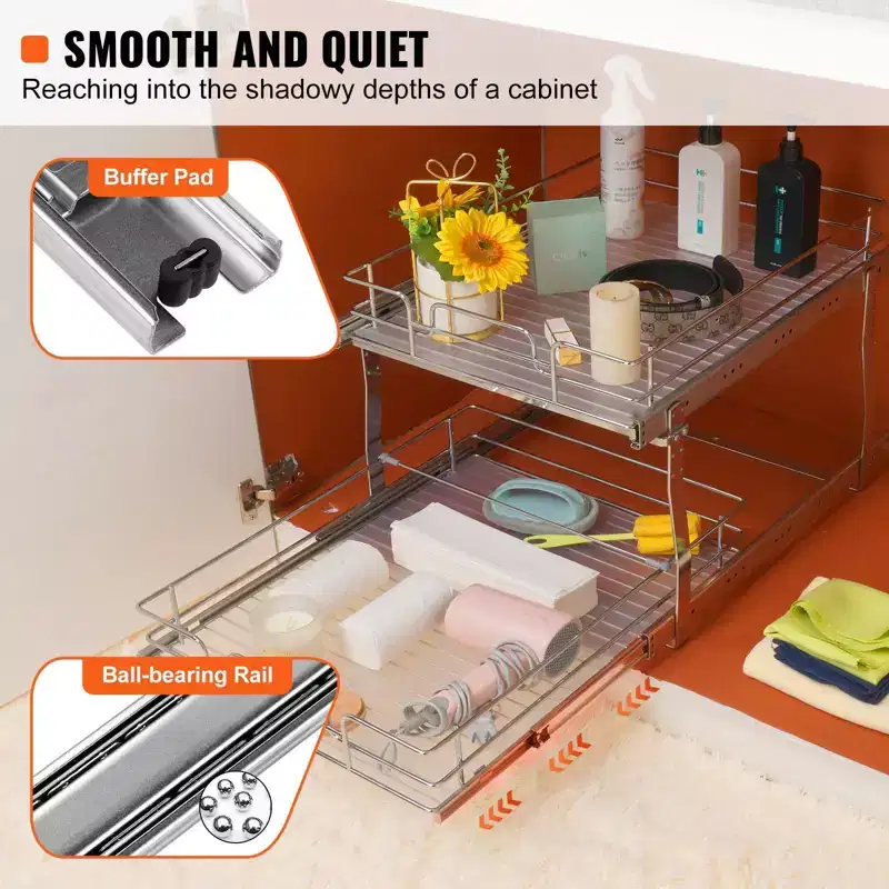 VIYET 2-Tier 20W21D Slide Out Cabinet Shelves, Heavy Duty Chrome Steel Pull Out Drawers, Under Sink/Kitchen/Bathroom