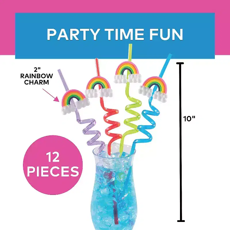 10 Bright Color Rainbow Reusable Plastic Silly Straws  12 Pc.