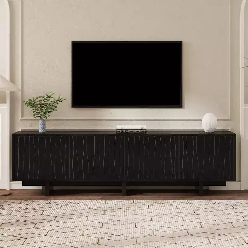 70in TV Stand for TVs up to 75, Retro Style Wood Grain TV Stand with Wavy Door Design, Media Console with Spacious Dual-Cabinet Storage