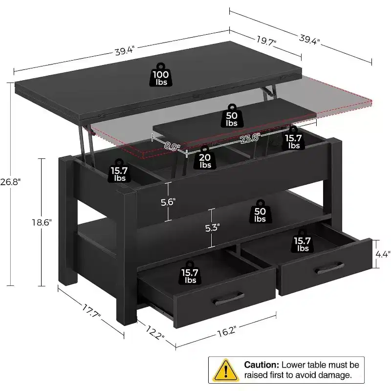 39.4 Inch Split Lift Top Coffee Table, 180 Swivel Surface Converts to Dining Desk, 2 Drawers with Hidden Storage, Modern Industrial Center Furniture