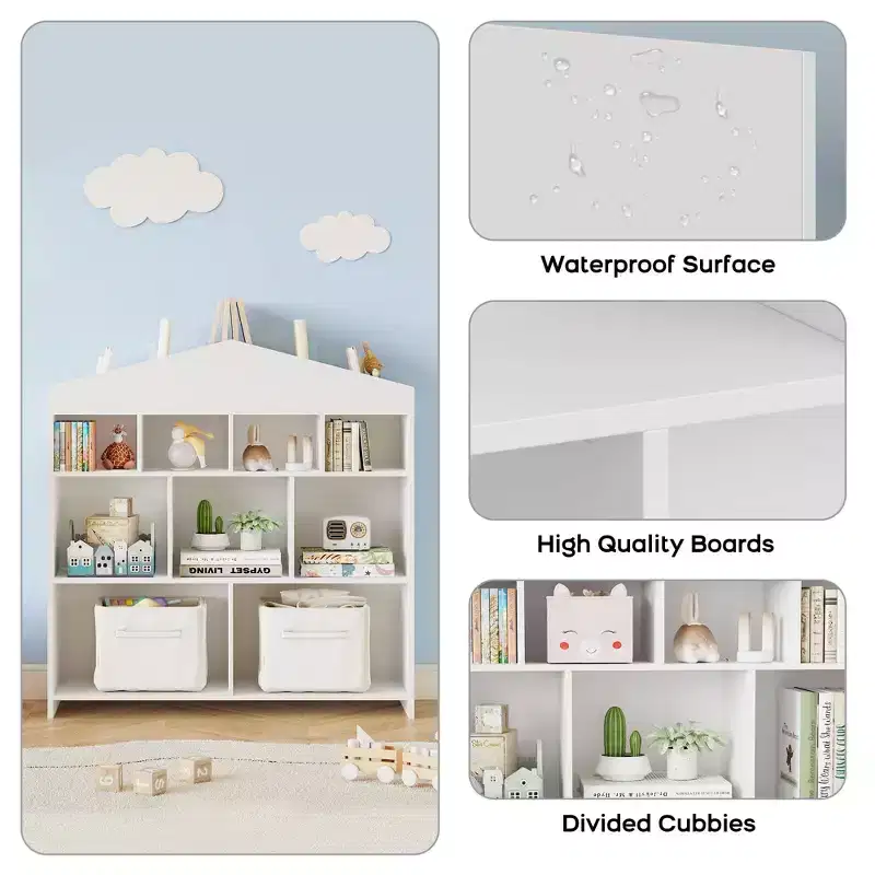 9-Compartment Kids Storage Bookcase with Dollhouse Design