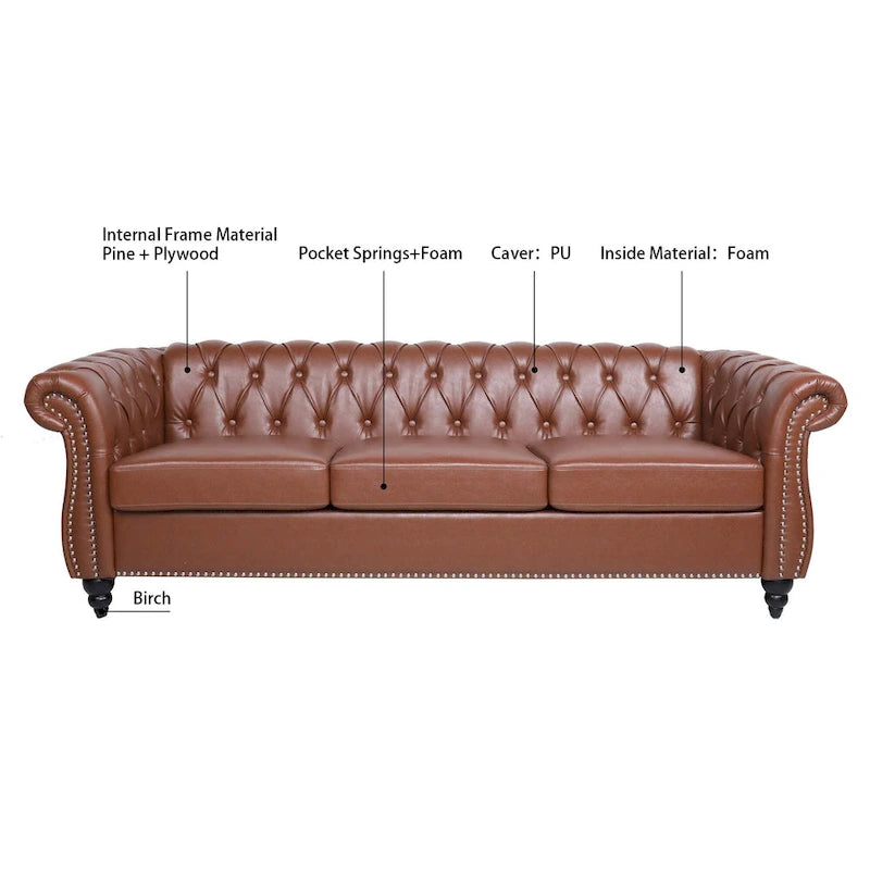 84 Mid-Century Modern 3-Seater Chesterfield Sofa, PU Leather, Birch Legs, 660 lbs