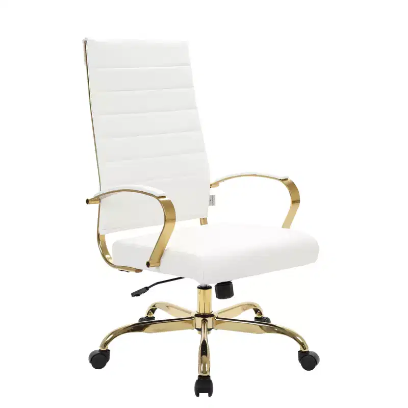 LeisureMod Benmar High-Back Ribbed Leather Office Chair - Modern Swivel & Tilt Executive Desk Chair - Gold Base