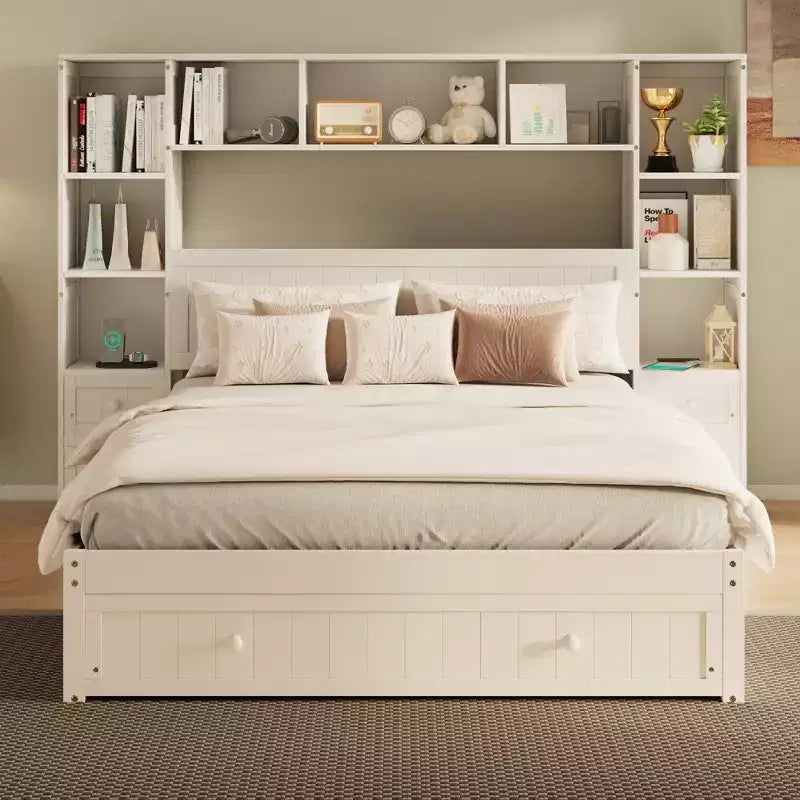 Queen Size Pine Wood Platform Bed with Nightstands and Bookcase Cabinet