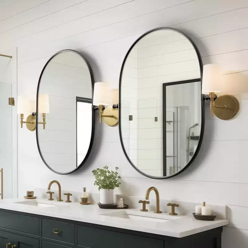 Hanging Wall Mirror with Iron Track-Shaped Frame, Black Hardware, 31x24 inches