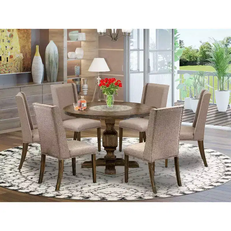HomeStock 3-Piece Distressed Jacobean Finish Solid Wood Top Dining Table with 2-Upholstered Chairs