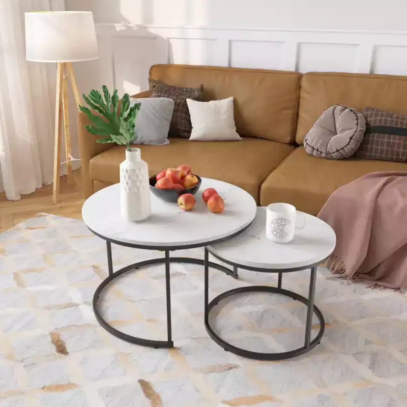 Nesting Coffee Table Set of 2, 27.6inch Round Coffee Table Wood Marble Pattern Top with Sturdy Metal Frame, End Table Side Tables