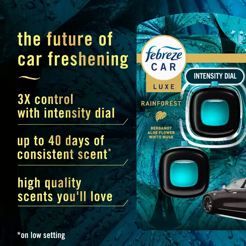 Febreze Luxe Car Air Freshener - Rainforest - 0.14 fl oz/2ct: Phthalate-Free, Adjustable Fragrance, Oil, Disposable