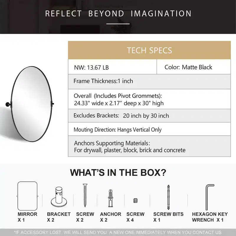 ANDY STAR Modern Decorative 20 x 30 Inch Oval Wall Mounted Hanging Bathroom Vanity Mirror with Stainless Steel Metal Frame, Matte Black