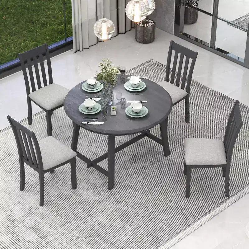Whisen Wood Dining Table Set, Round Extendable Dining Table with 4 Dining Chairs