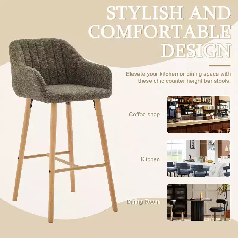 Zeus & Ruta Modern Linen Upholstery Bar Stools Set of 2 with Back, Armrest & Wood Legs, Kitchen Island Height