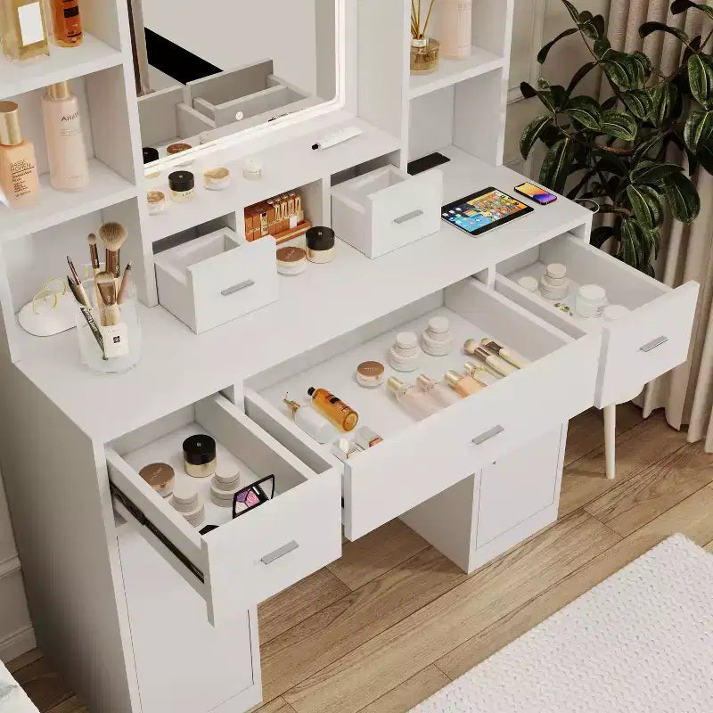 Vanity Table with LED Lights, 5 Drawers & Storage Cabinet �C Dressing Pad, White