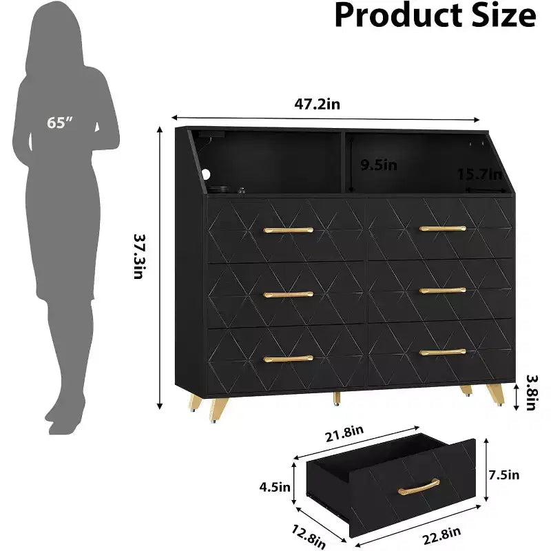 6 Drawer Dresser with LED Lighting, Charging Station & Storage Shelf, Modern MDF Cabinet for Bedroom, Living Room