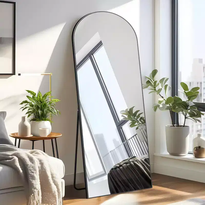 Grand Right-Angled Floor Mirror: 70.2x31.2, Carved Wood Design, Black, Full-Length, Bracket Included