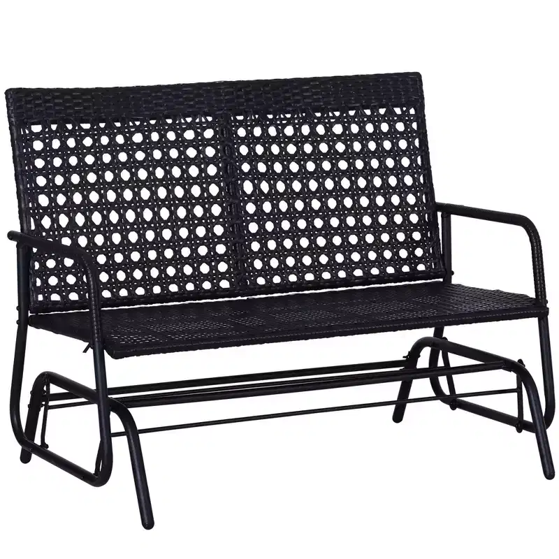 Patio 2-Person Wicker Glider Bench Rocking Chair, Outdoor All-Hand Woven PE Rattan Loveseat w/ Ergonomic Design Rocking System for Patio