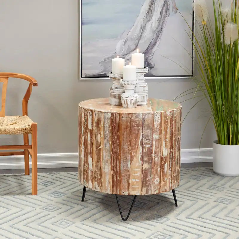 Handmade Mango Wood Distressed Coffee Table | Black Hairpin Legs | 36.5 Round | 100 lb