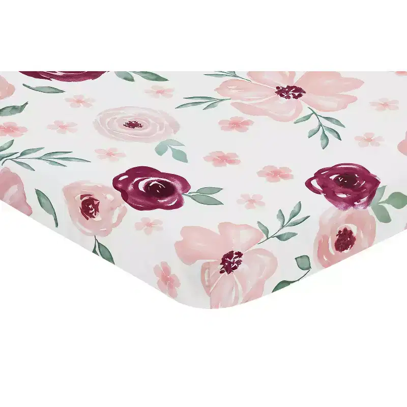 Sweet Jojo Designs Girl Baby Fitted Mini Crib Sheet Watercolor Floral Burgundy Pink and Grey