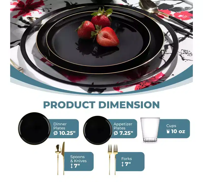 Posh Setting 280 Piece Black And Gold High End Plastic Party Bundle - Edge (40 Settings)