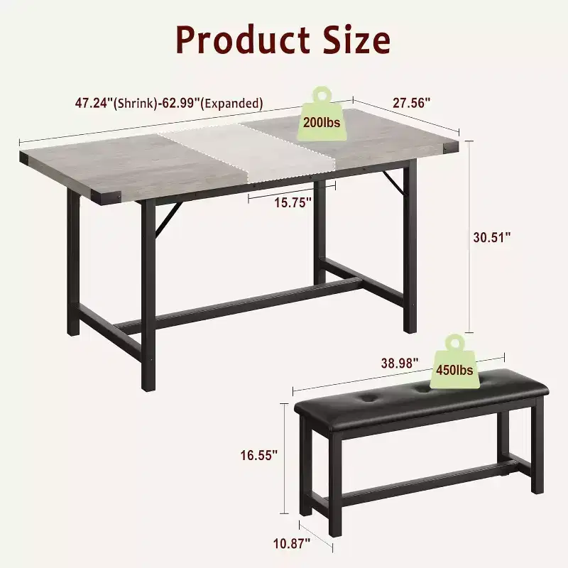 Farmhouse Extendable Dining Table Set for 4/ 6, Large Dining Table Set with Two Upholstered Benches, for Home, Dining room Rustic Gray