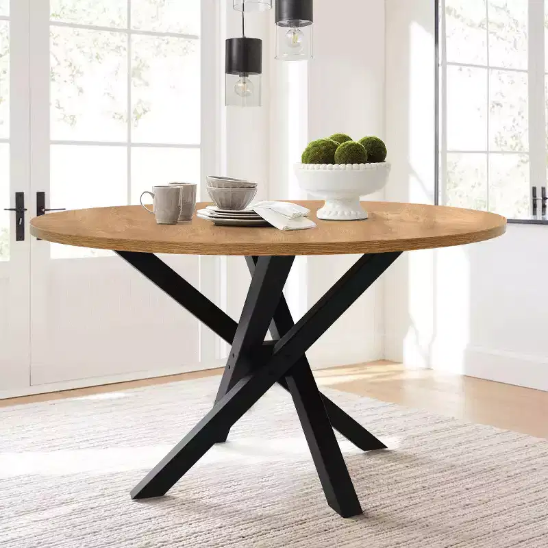 5-Piece Round Dining Table Set, Modern Table with Black Base, Rattan Back Chairs and Boucle Upholstered Seats for Small Spaces-Panipeachy