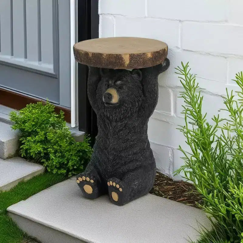 Okak Black Bear Outdoor Side Table with Hand Painted Sculpture, Patio End Table with MGO Frame, Outdoor Coffee Table for Yard, Black+Brown