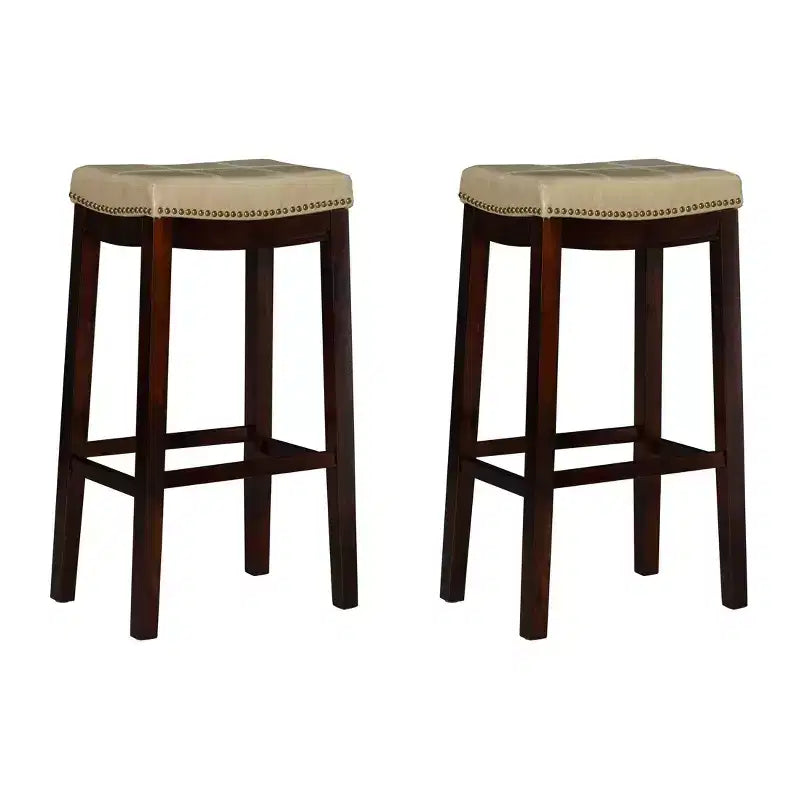 Set of 2 Faux Leather Barstools - Armless, Backless with Footrest, Fixed Height