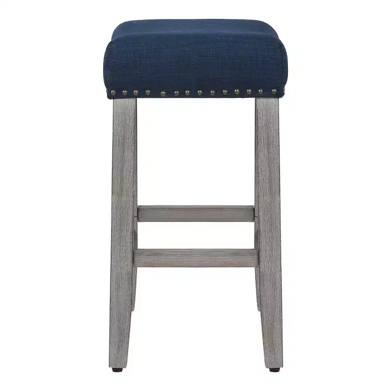 WestinTrends 24 Upholstered Saddle Seat Counter Stool (Set of 2), Antique Gray/Navy Blue