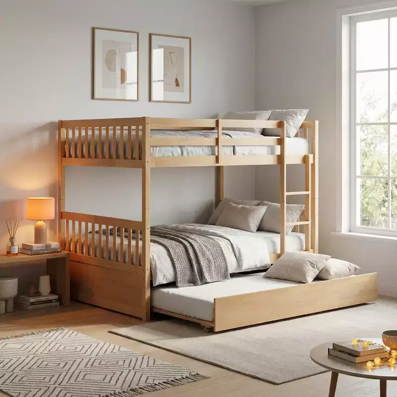 Full Over Full Bunk Bed, Wood Kids Rubber Wood Frame, Indoor Bedroom Furniture, Convertible to 2 Separate Beds, Pull Out Trundle - Natural