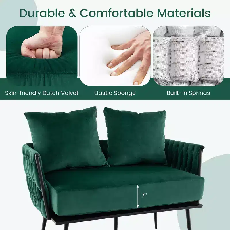 Costway Modern Loveseat Sofa Upholstered Dutch Velvet Couch with Woven Back & Arms Green/Grey