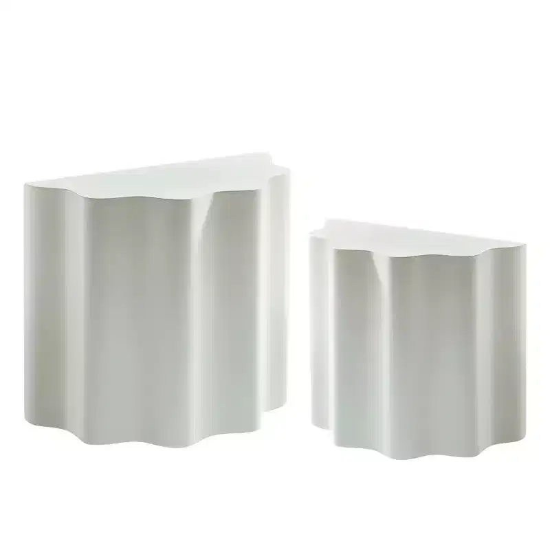 Fiberglass Coffee Table 2PCS Set End Table Accent Table Side Table Cocktail Table Center Table, Wavy Edge Design, Beige, No Assembly - ModernLuxe
