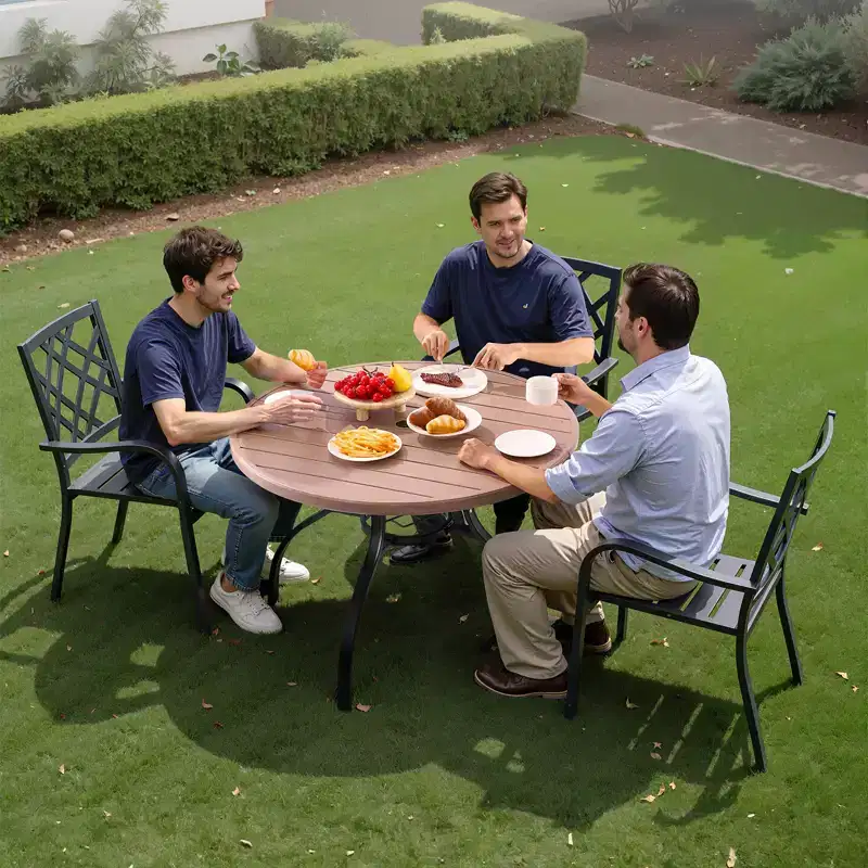 VEVOR Outdoor Patio Dining Table, 41 inch Round Wood-Like Steel Slat Backyard Bistro Coffee Tables for 4, with 1.5 in Umbrella Hole, Gray