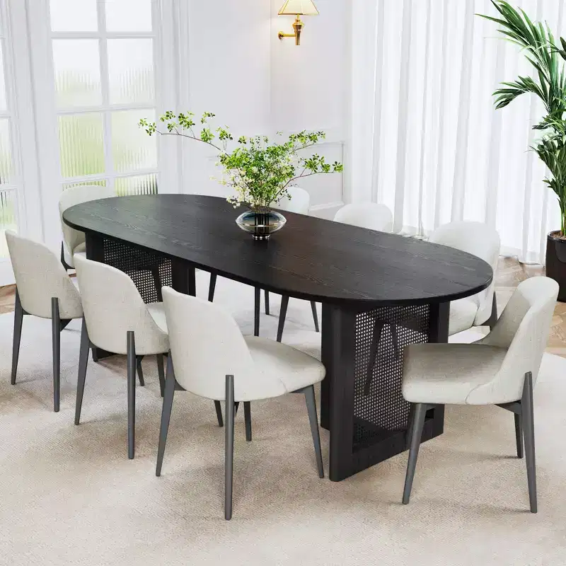 79 inch Vine Woven Oval Walnut Colored Dining Table with 8 Dining chairs Suitable for Dining Room and Living Room