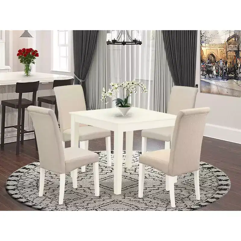 HomeStock 5-Pc Square Linen White Finish Solid Wood Top-Dining Room Set-Seats 4