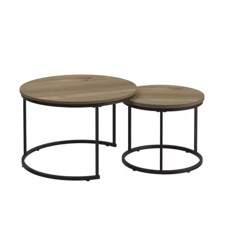 Nesting Coffee Table Set of 2, 27.6inch Round Coffee Table Wood Marble Pattern Top with Sturdy Metal Frame, End Table Side Tables