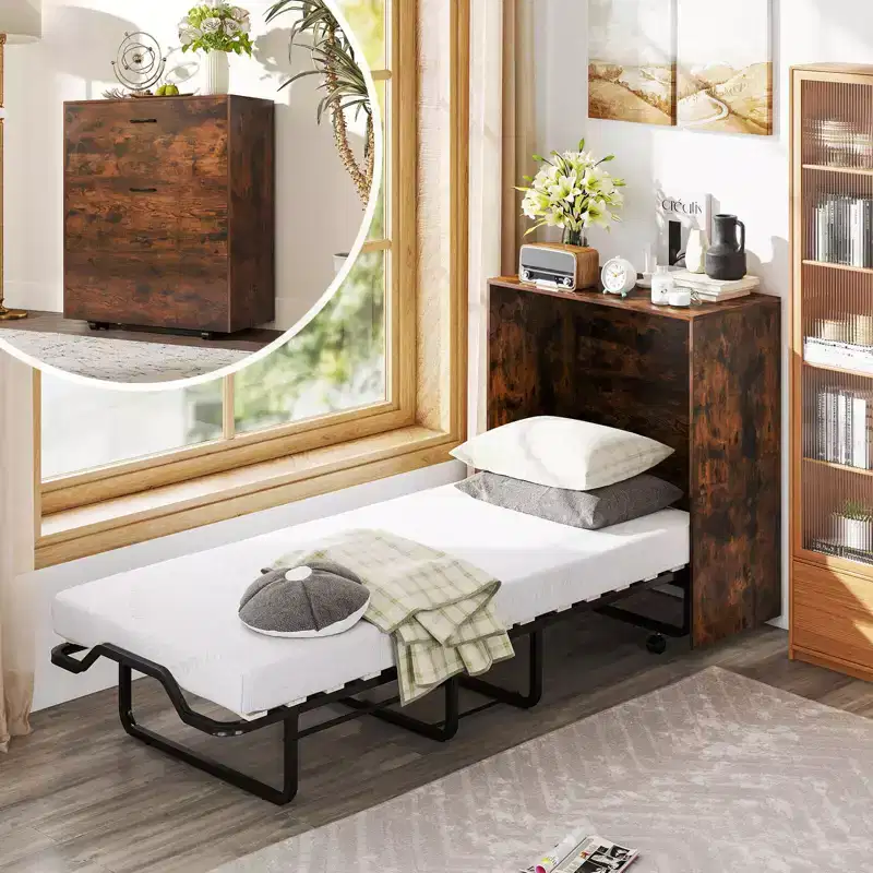 Costway Cot Size Murphy Bed with Storage Rolling Murphy Cabinet with Foldable Bed