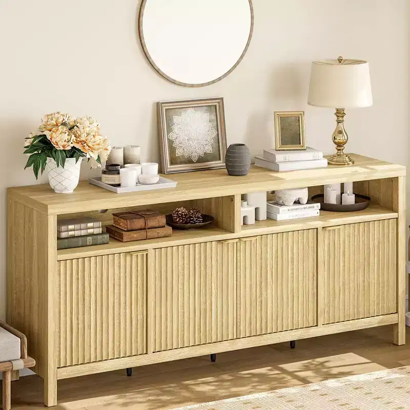 65.8 Inch Fluted Sideboard Buffet Cabinet with 4 Doors, Morden Kitchen Storage Cabinet with Fluted Door