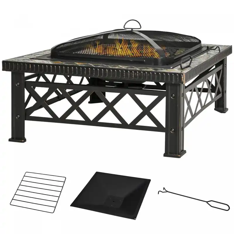 30 Outdoor Steel Square Firepit Square Stove With Spark Screen Cover, Log Grate, Poker, Gr