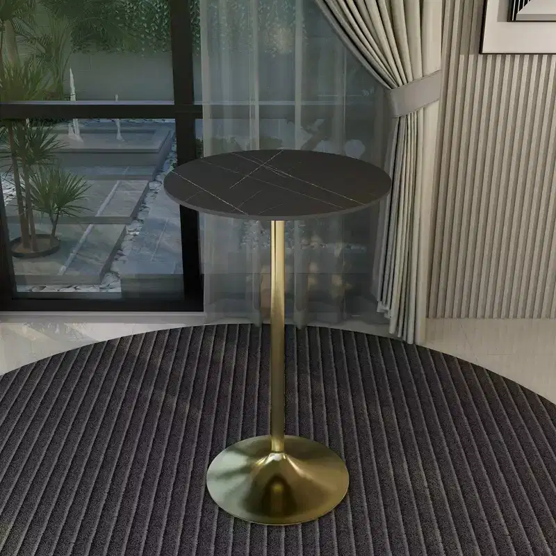 Leisuremod Verve 27 Round Bar Height Dining Table - Stone Top with Brushed Gold Pedestal Base Counter Height Table for Kitchen, Home, and Pub